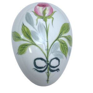 Limoges Porcelain Box Chamart France Pink Rose Handpainted Egg Shape Trinket
